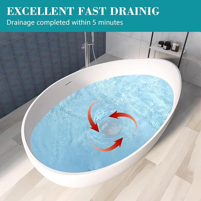 63'' Solid Surface Freestanding Bathtub Matte Soaking Bathtubs Tubs Oval Resin - Image 5