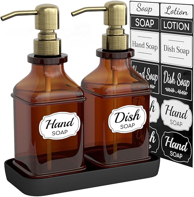 Soap Dispenser - 2 Pack, Antique Design Thick Amber Glass Hand Soap Dispensers by LMQML