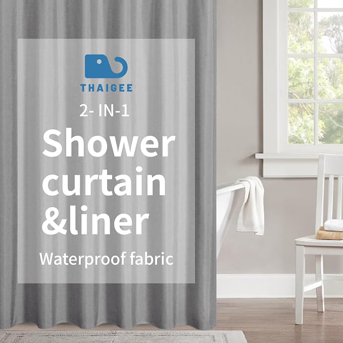 2-in-1 Waterproof Long Fabric Shower Curtain or Liner, Linen Textured, 78 Inch by THAIGEE