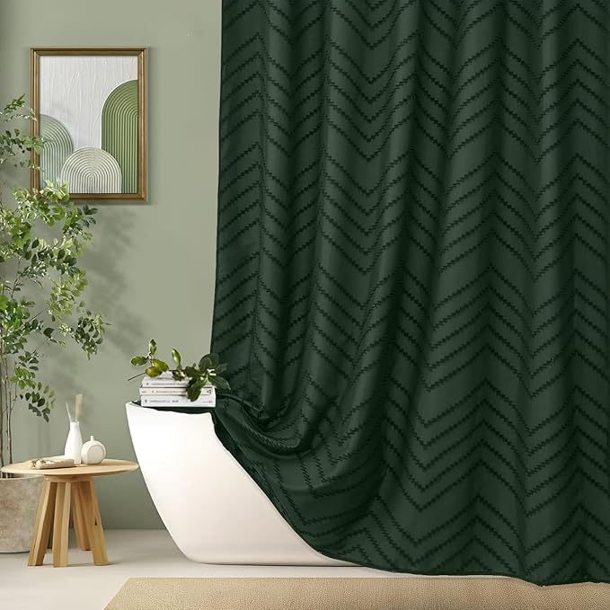 84inch Extra Long Dark Green Boho Shower Curtain Woven Fabric Shower Curtain by TURKIO