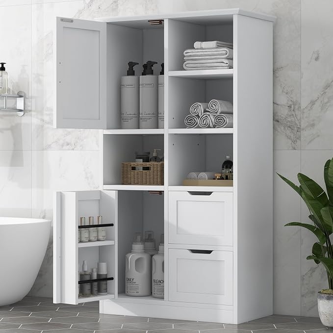 Tall Wide Storage Cabinet with 2 Doors, 2 Drawers, and Adjustable Shelves - Image 4