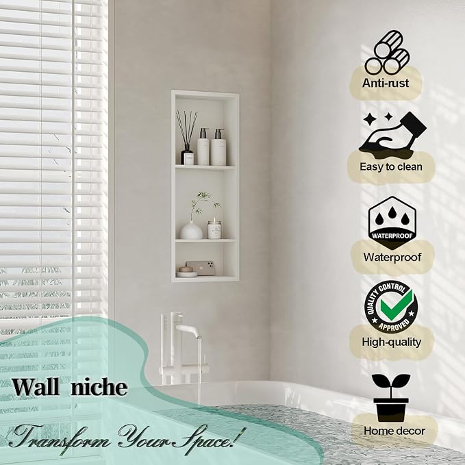 Neodrain 12X30 Inch White Three Layers Stainless Steel Shower Niche, NO Tile - Image 4