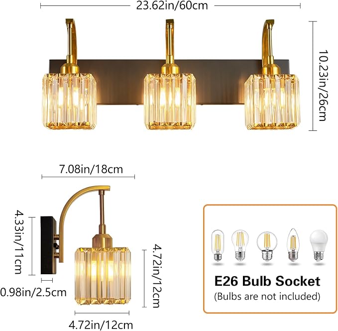 Crystal Vanity Lights 3-Light Black Gold Bathroom Vanity Lights Modern Crystal - Image 4