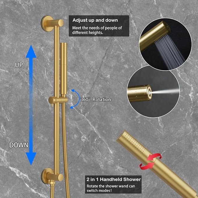 12Inch Brushed Gold Ceiling Shower System & 8Inch Wall-Mount Shower Faucet Set - Image 5