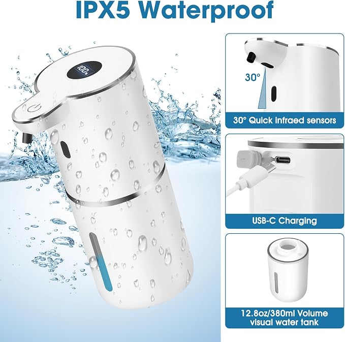 2 Pack Automatic Soap Dispenser, 12.8oz/380ml USB Rechargeable Touchless - Image 5
