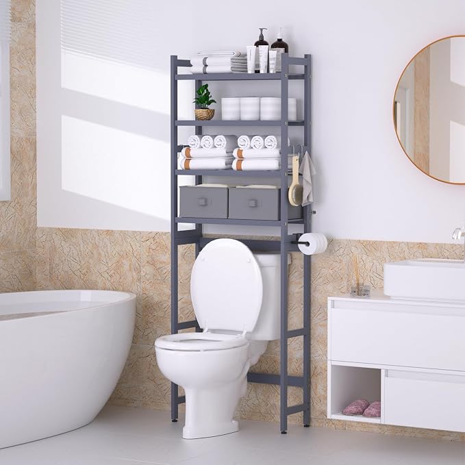 Over The Toilet Storage with 2 Baskets, 4-Tier Bamboo Organizer Rack with Paper - Image 2