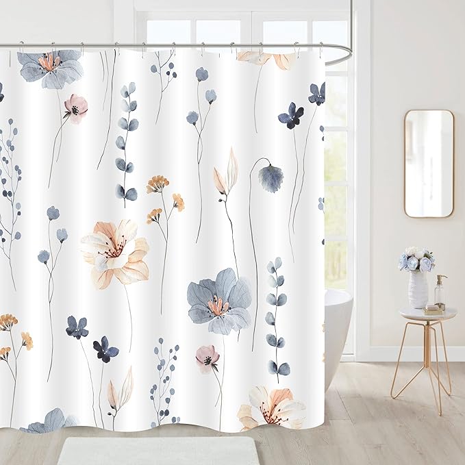 Gibelle Long Shower Curtain 72 x 78, Watercolor Floral Fabric Shower Curtain - Image 2