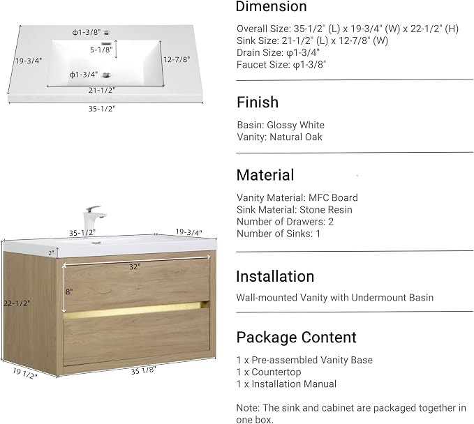 Modern 36" Wall-Mounted Bathroom Vanity - Image 4