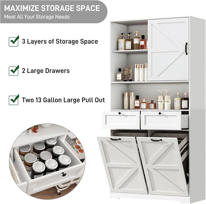 78" Tall Tilt-Out Double Doors Laundry Cabinet Hamper w Hidden Laundry Hamper - Image 7