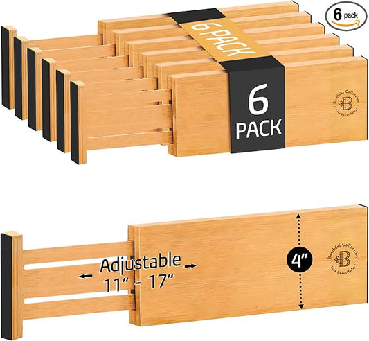 6 Pack Drawer Dividers 4 Inch High, 11”-17" Adjustable Bamboo Organizers Large by Bamb%C3%BCsi