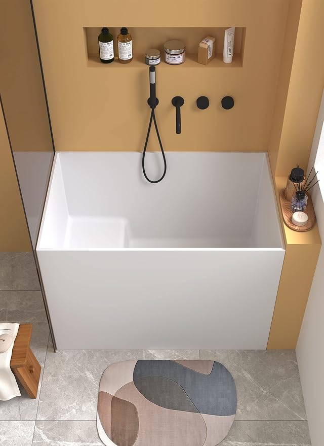 Cpingao 47" Stone Resin Freestanding Bathtub, Solid Surface Japanese Soaking - Image 6