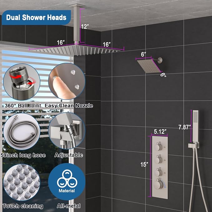 Enga Thermostatic Dual Head Shower System, Brushed Nickel - Image 9