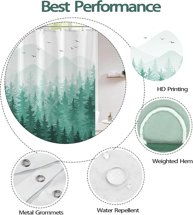 Aipon Teal Misty Forest Shower Curtain Ombre Nature Tree Plants Shower Curtains - Image 6