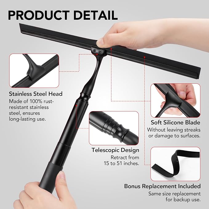 Shower Squeegee with Long Handle, 15-51" Telescopic Squeegee - Image 6
