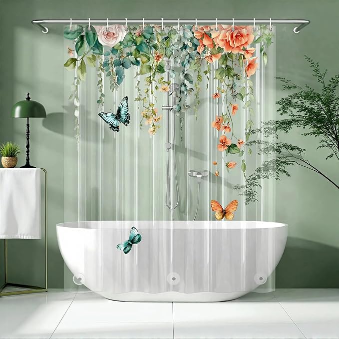 Clear Colorful Floral Butterfly Shower Curtain Liner, Plastic Pretty Pink and by CAPQL