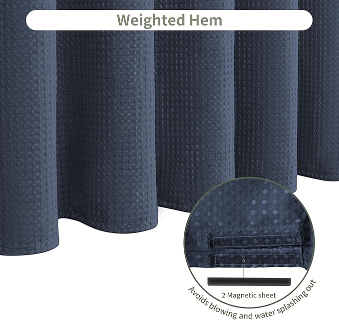Inhousolu Fabric Shower Curtain Waffle Weave, Weighted Hem, 8 Metal Hooks - Image 5