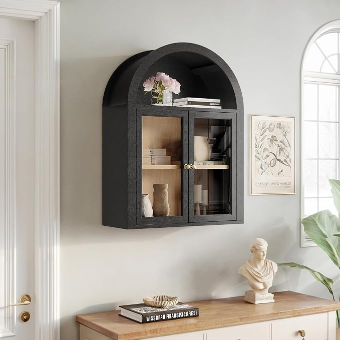 Black Arched Wall Cabinet, Glass Display Wall Mounted Cabinet - Image 7