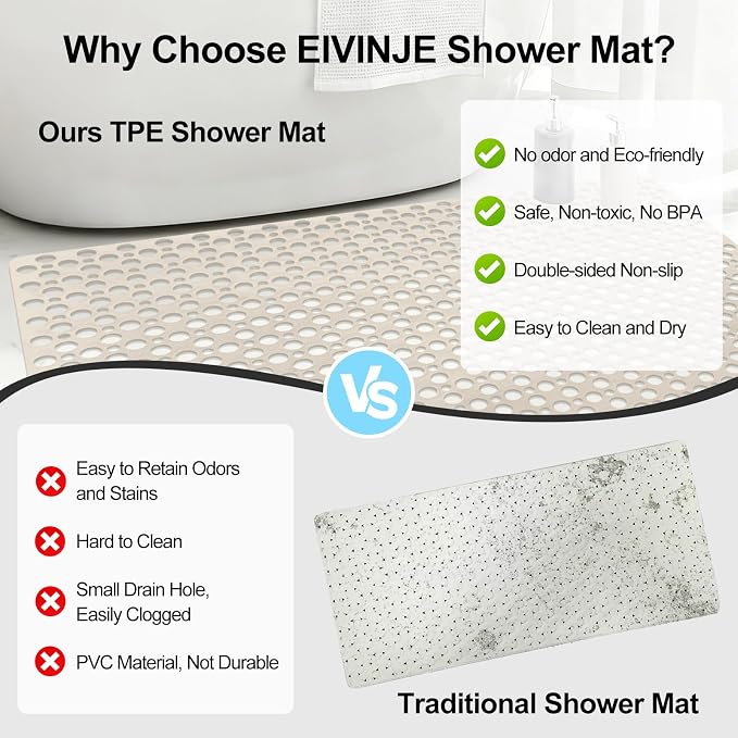 Anti Slip Shower Mat with Suction Cups, 31.5x47.2 Inch Quick Drain TPE Non Slip - Image 6