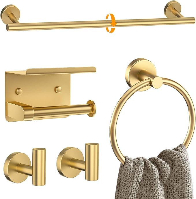 Brushed Gold Bathroom Hardware Set 5 Pieces Towel Bar Set Round Towel Holder Set by Woekme