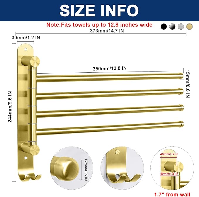 NearMoon Swivel Towel Rack, 13.8" Thicken 304 Stainless Steel 4-Arm Towel Bar - Image 2