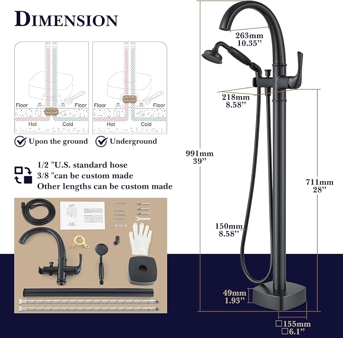 Free Standing Tub Faucet, Hanallx Luxury Matte Black Freestanding Bathtub Faucet - Image 6