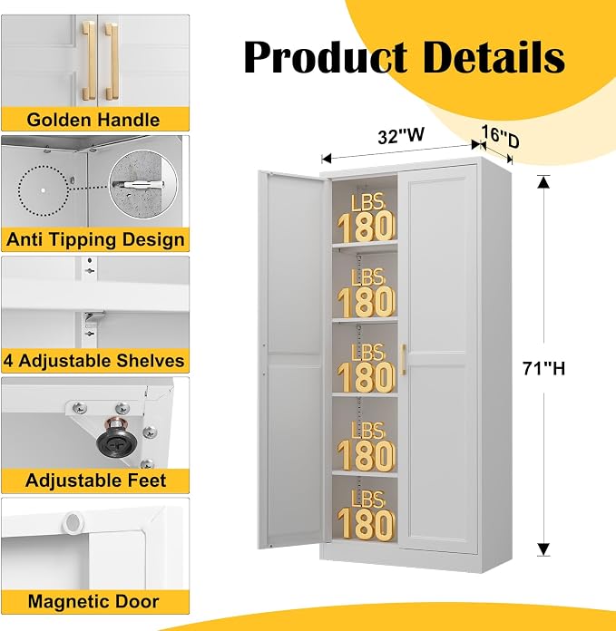 Kitchen Pantry Cabinet, 71”White Metal Pantry Storage Cabinet - Image 3