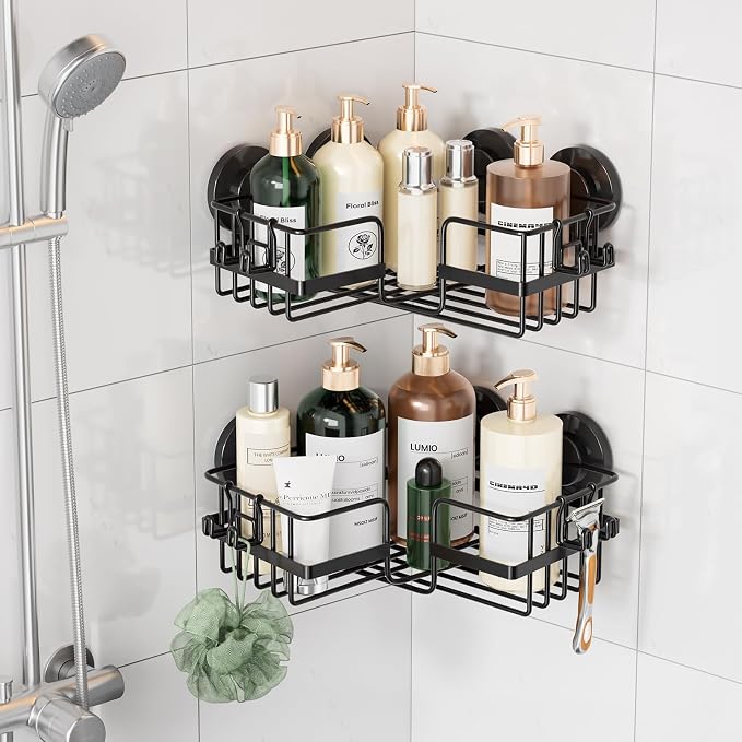 LEVERLOC 2 Pack Corner-adaptive Suction Cup Shower Caddies, Drill-Free Wall by LEVERLOC