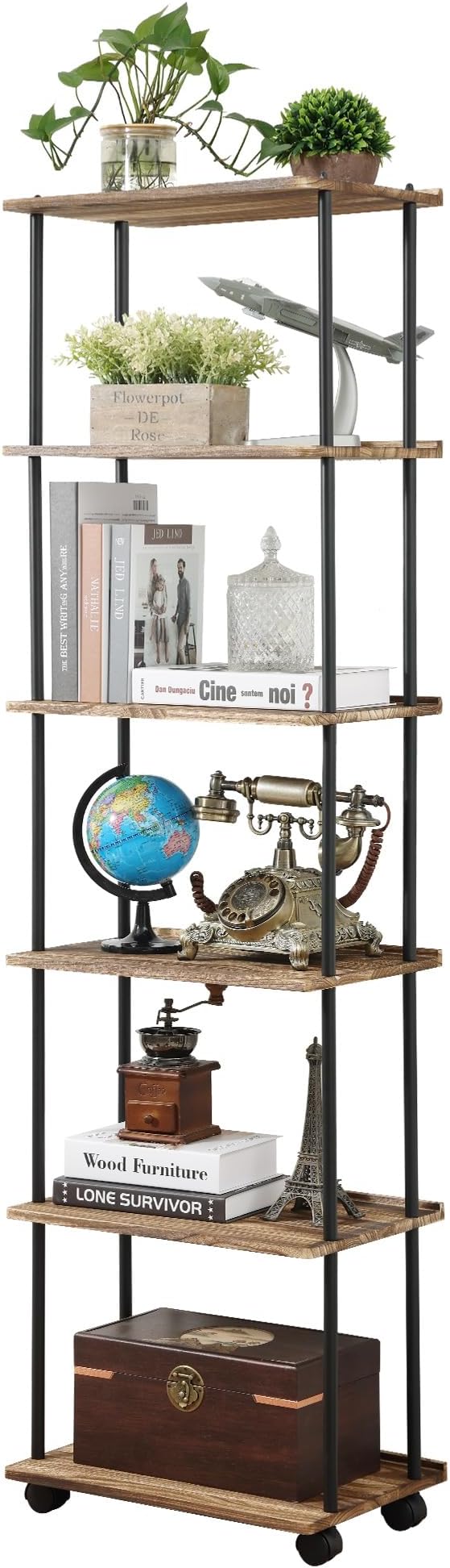 GETALL Tall Bookshelf with Wheels, 6 Tier Solid Wood Bookcase by GETALL