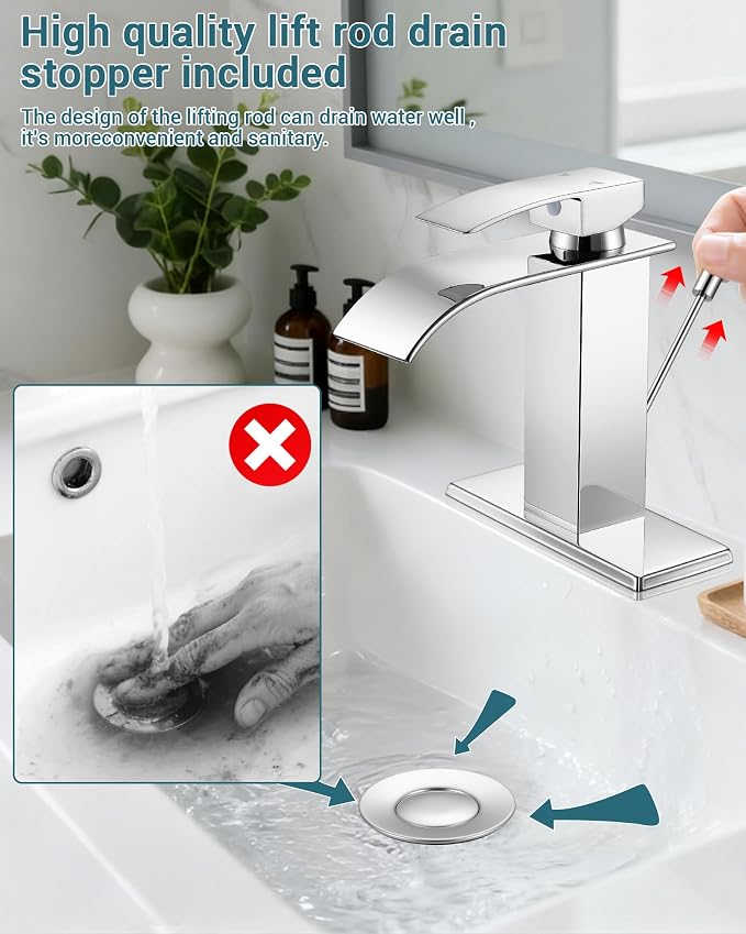 Bathroom Faucets with Lift Rod Drain Chrome Waterfall Bathroom Sink Faucet - Image 3