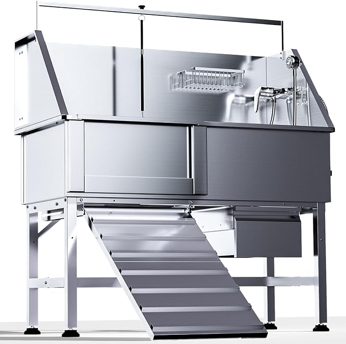 46" Dog Washing Station, Professional Stainless Steel Dog Bathtub w/Ramp & by DYTREND