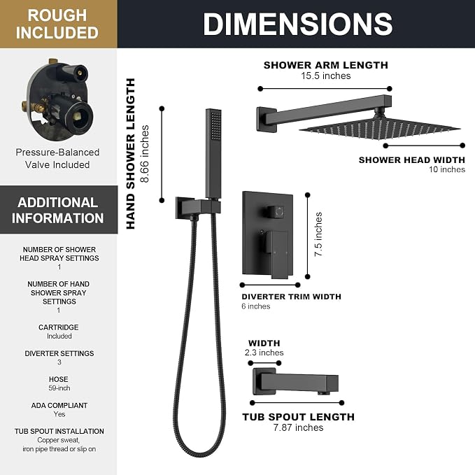 Lava Odoro Modern 3-Setting Square Shower and Tub Faucet Set - Image 7