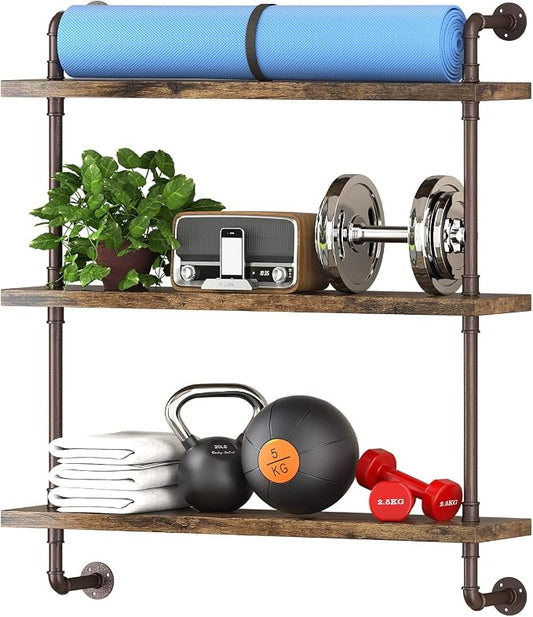 Helsin 3 Tier Industrial Pipe Shelf Rustic Wood Floating Shelves, Wall Display by Helsin