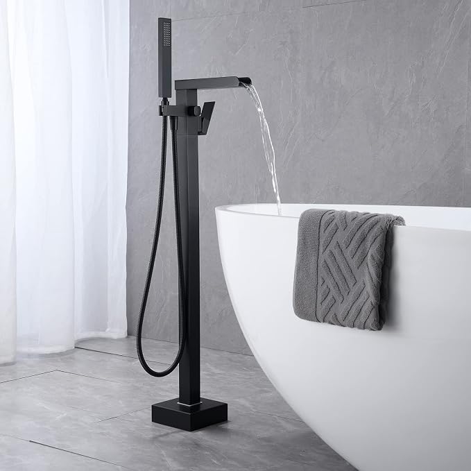 Waterfall Tub Filler Freestanding Bathtub Faucet Black Floor Mount Brass Single - Image 3