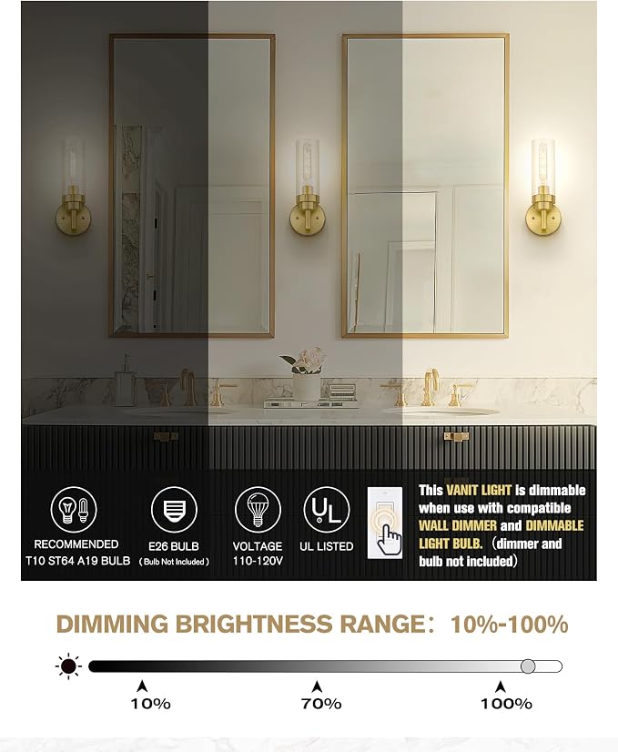 Emak Brushed Gold Sconces Wall Decor Set of 2, Modern Bathroom Light Fixtures - Image 2