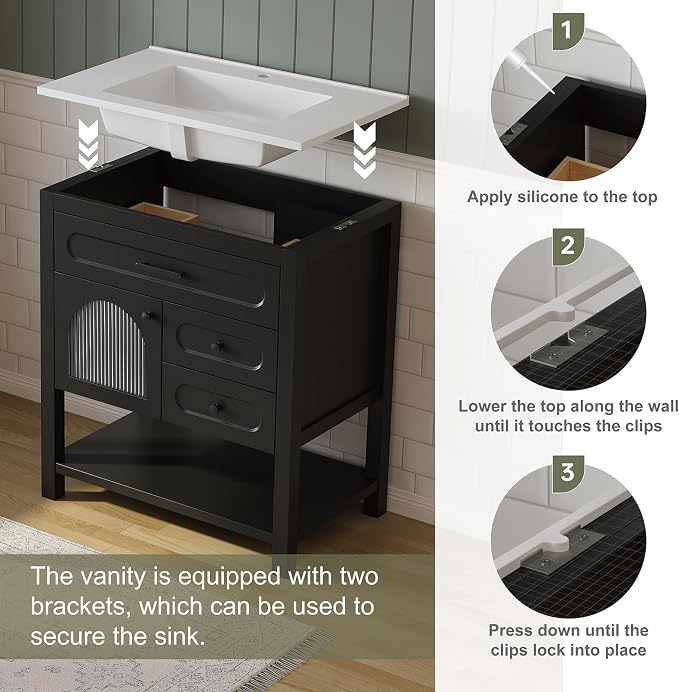 30 Inch Bathroom Vanity with Sink, Modern Black Bathroom Vanity with - Image 5