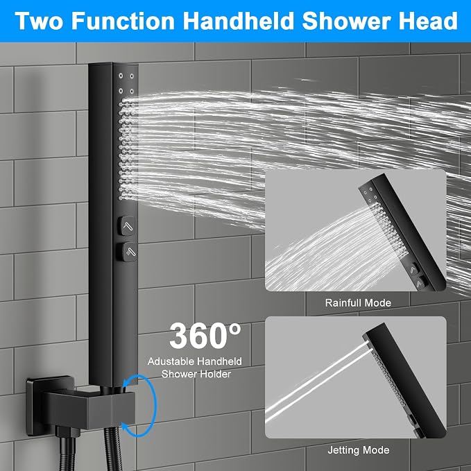Shower Faucet Set, 3-Setting Push Button Matte Black Shower System, 12 Inch - Image 5