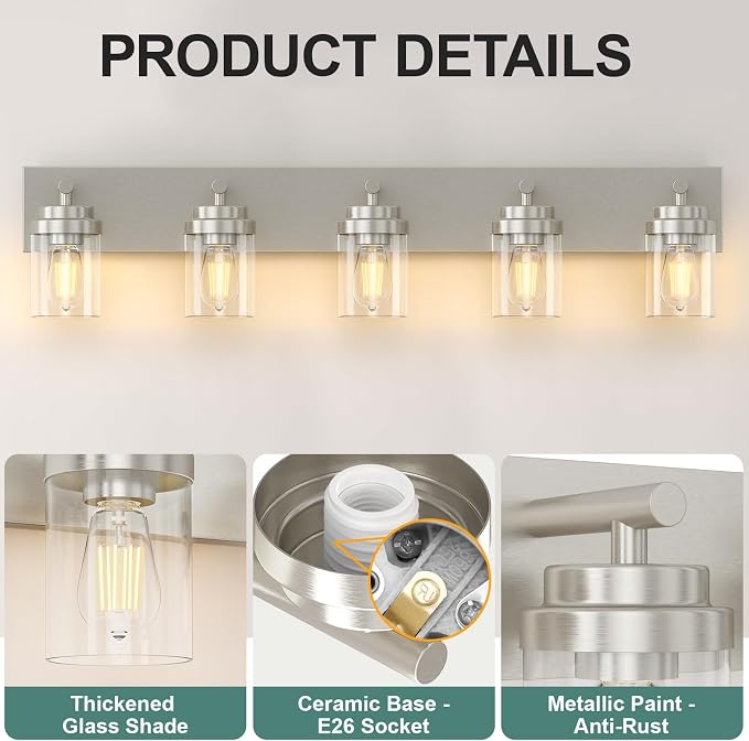 IZORRO Bathroom Vanity Light Fixture, 5-Light 36 Inch Brushed Nickel Bathroom - Image 3