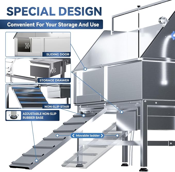 46" Dog Washing Station, Professional Stainless Steel Dog Bathtub w/Ramp & - Image 5