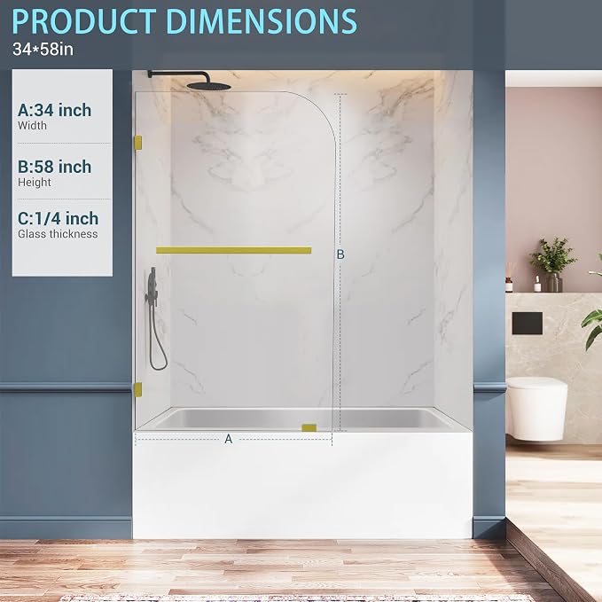 Bathtub Shower Door, 1/4" Clear Tempered Frameless Shower Glass Door, Tub - Image 4