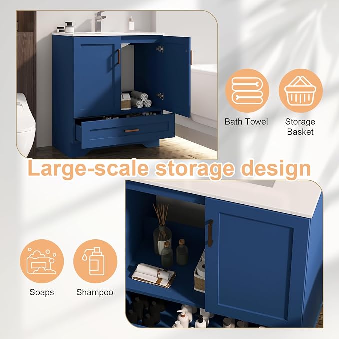 30 inch Bathroom Vanity with Sink, Modern White Vanity - Image 4