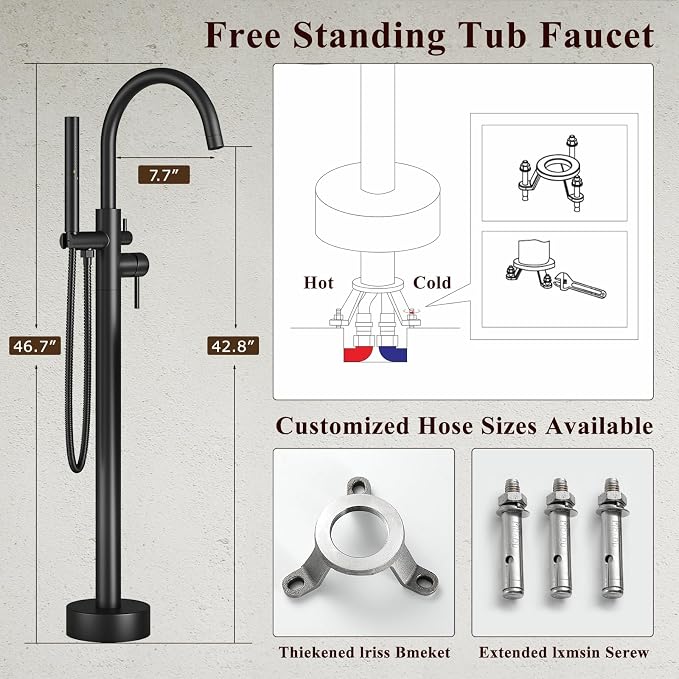 Freestanding Bathtub Faucet Matte Black Tub Filler Floor Mount Free Standing - Image 7