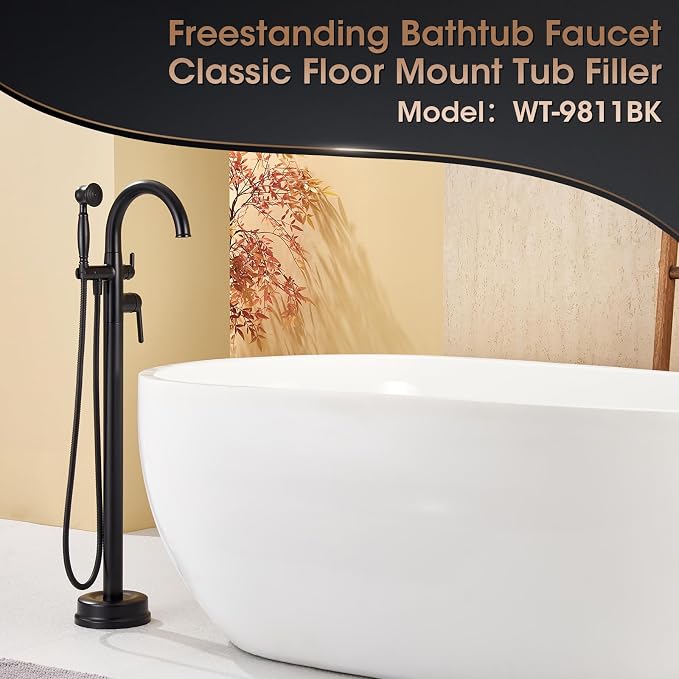Freestanding Bathtub Faucet Matte Black Floor Mount Tub Faucets High Flow Max - Image 2