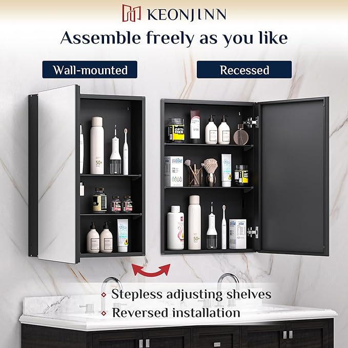 Keonjinn 36 x 24 Inch Black Medicine Cabinet, Bathroom Medicine Cabinet - Image 5