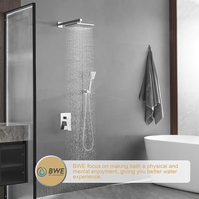 BWE Chrome Shower Faucet Set, Rainfall Shower Head - Image 2
