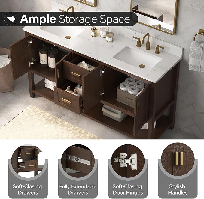 60 Inch Bathroom Vanity with Sink, Farmhouse Storage Cabinet with Drawers & - Image 5
