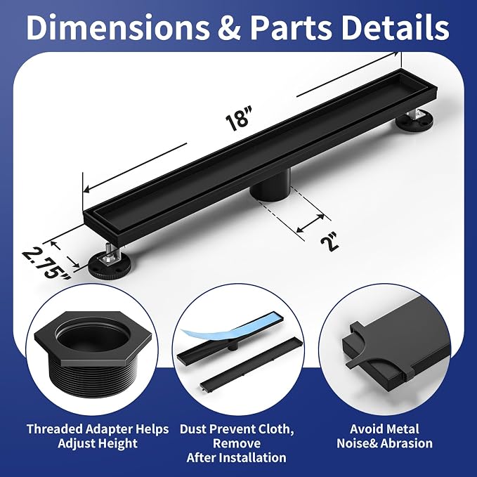 Linear Shower Drain 18", Matte Black Floor Drain - Image 3