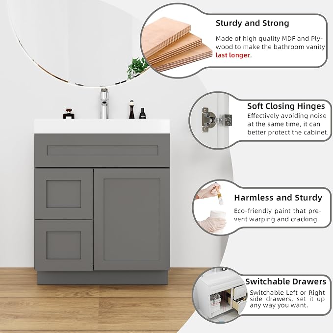 KitchenMan Bathroom Vanity 30 Inch Unassembled Sink Cabinet - Image 5