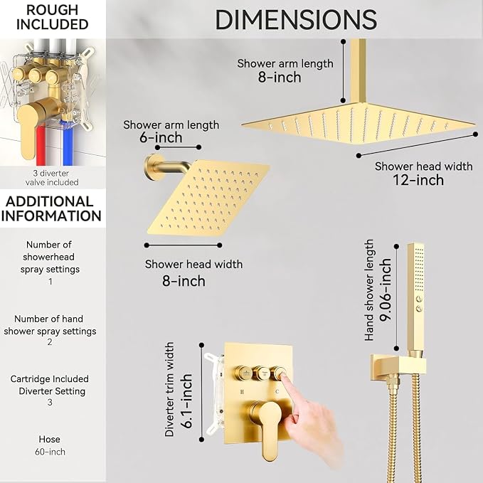 Brushed Gold Shower System, STARBATH 12+8" Rainfall Shower System - Image 7