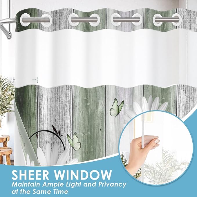No Hook Green Daisy and Butterfly Shower Curtain - Image 4