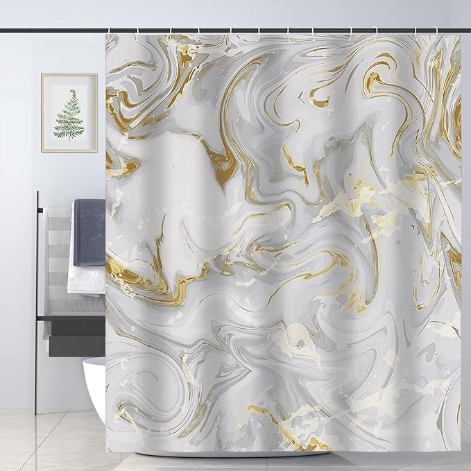 Domoku Grey Gold Marble Shower Curtain, Waterproof Texture Washable Fabric - Image 9